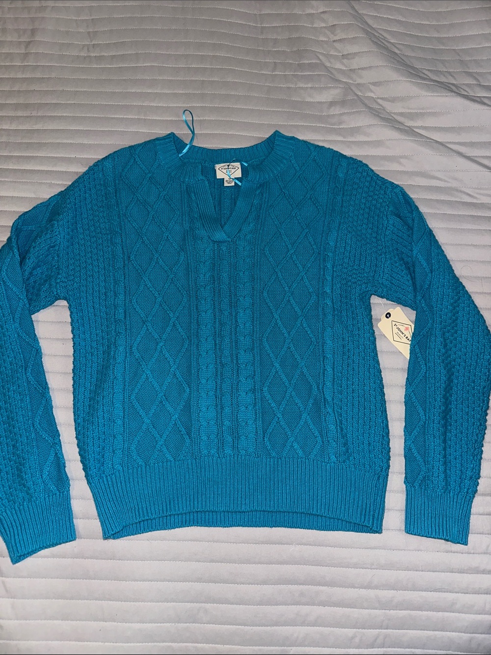 Women Cable-Knit Sweater in Teal Blue - Classic Crewneck